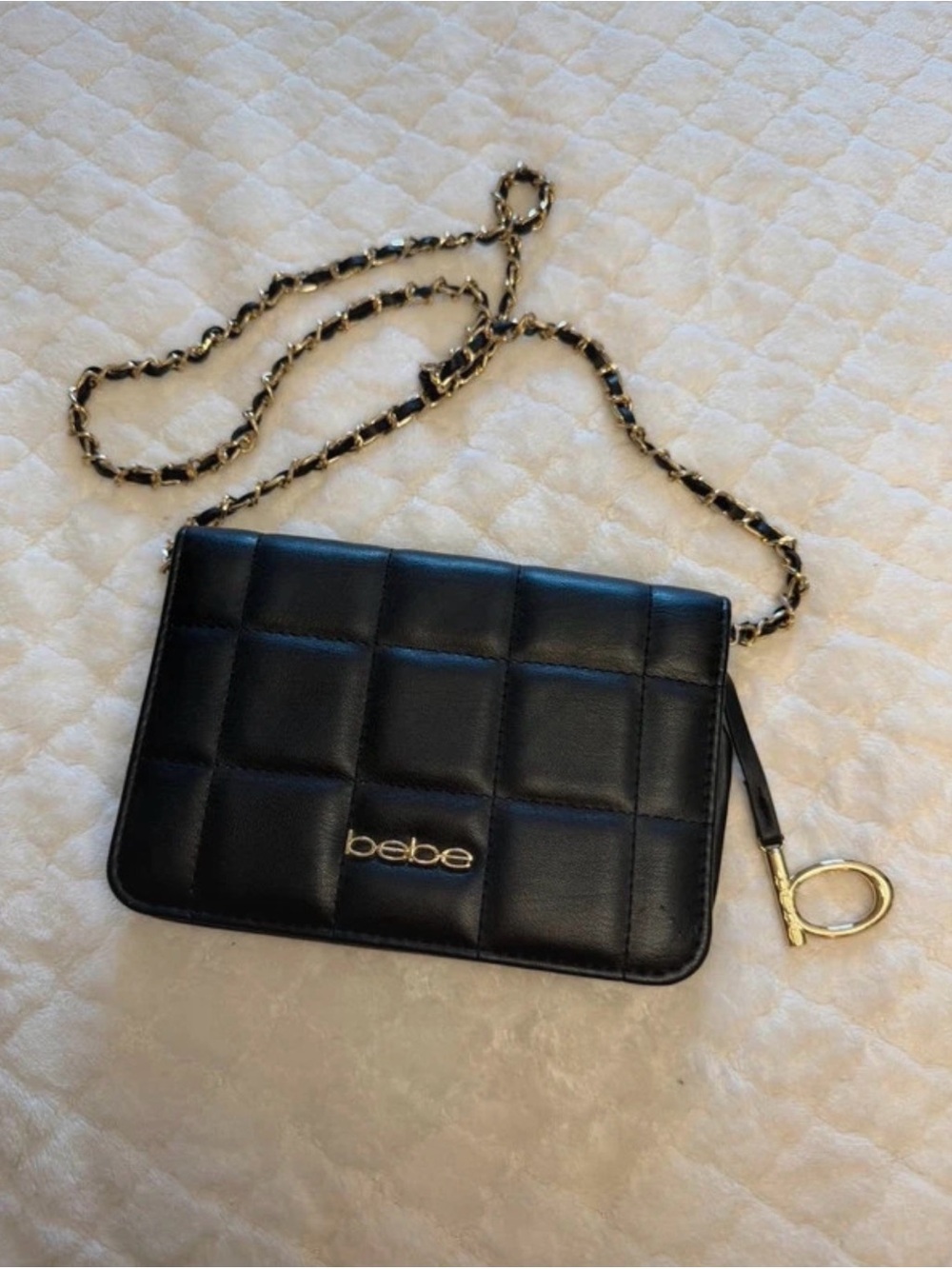 bebe Black Quilted Crossbody Bag with Gold Chain